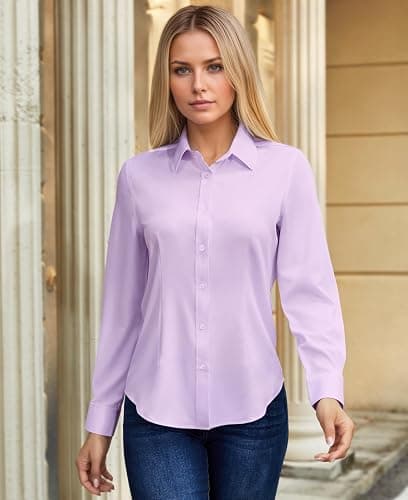 ONKEEP Dress Shirts for Women Long Sleeve Button Down Shirt Stretch Wrinkle Free Solid Casual Work Office Blouse Top thumbnail 2