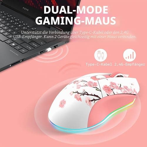 DAREU Sakura Pink Gaming Maus Kabellose mit Magnetic Charging Dock Wiederaufladbar RGB,12K DPI, 6 Programmierbare Tasten, Hochpräziser Sensor 300IPS 1000Hz für PC Notebook Mac thumbnail 3