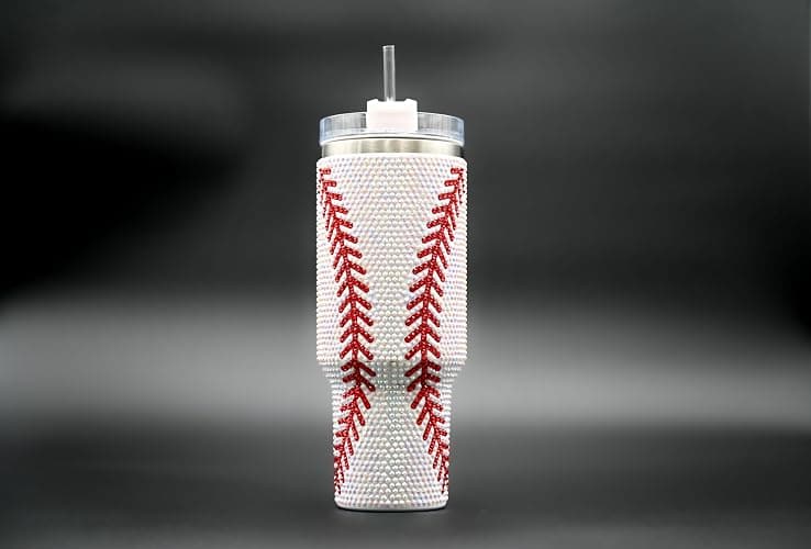 SEM LIFE 40 Oz Rhinestone Bling Tumbler Cup with Handle and Straw (BASEBALL), Stainless Steel and Double Wall Insulated thumbnail 8