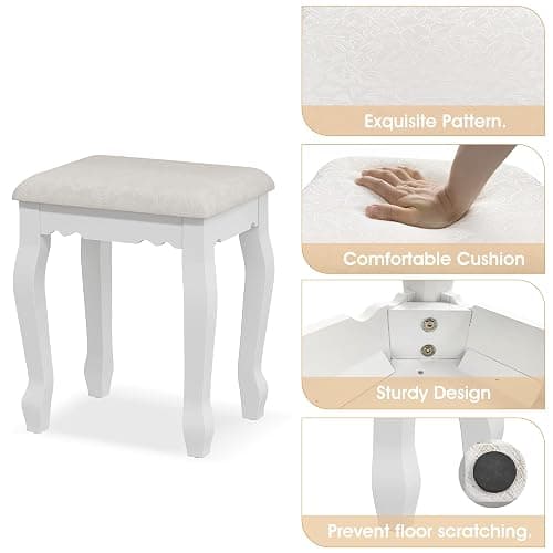 Vanity Desk with Mirror and Lights, Modern Vanity Makeup Table and Cushioned Stool Set with 4 Drawers, 3 Color Lighting Modes with Adjustable Brightness, Dressing Table Set for Bedroom (White Vanity) thumbnail 8