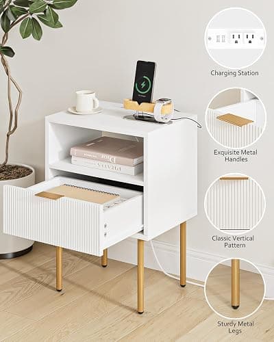Masupu Nightstand with Charging Station,Mid-Century Modern Bedside Table with Storage Drawer and Open Wood Shelf,Small Gold Frame Side Table for Bedroom,Living Room (White) - White Stripe - 1 Drawer thumbnail 4