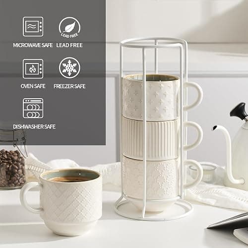 JIEMEI HOME Large Ceramic Coffee Mug Set of 4 with Stand, 15 Oz Stackable Different Embossment Ribbed Latte Cup Set for Cappuccino, Tea, Hot Cocoa, Drinks - Dishwasher & Microwave Safe, White & Green thumbnail 5