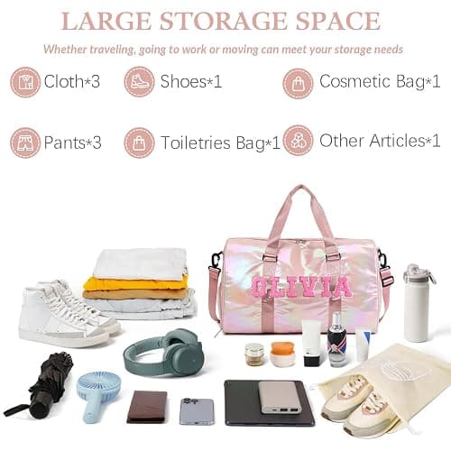 Custom Dance Bag for Girls with Sew Chenille Letter Name, Personalised Sport Duffle Bag for Gym Ballet with Wet Dry Pockets&Shoe Compartment, Travel Duffel Bag,Overnight Bag, Bridesmaid Gift,Birthday thumbnail 3