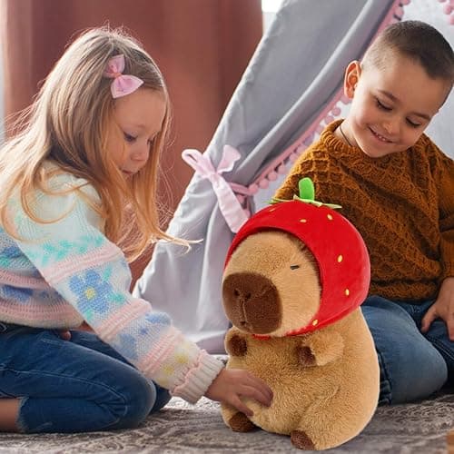 Ditucu Cute Capybara Plush Wear Strawberry Hat Soft Capibara Stuffed Animal Plushies Toys Hugging Gifts for Kids Brown 9 inch thumbnail 2