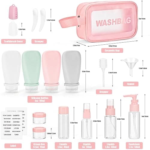 18 Pcs Travel Bottles for Toiletries Gym TSA Approved, Leak Proof with Bandage Silicone Squeezable 3oz for Toner Shampoo Conditioner Lotion Body Wash with Funnel Toothbrush Cover Tag and Wash Bag thumbnail 2