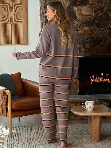 LILLUSORY 2 Piece Sets for Women 2025 Fall Outfits Two Piece Lounge Sets Sweatsuits Striped Knit Sweater Clothes Fashion thumbnail 3