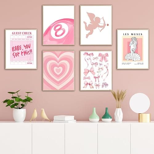 Pink Wall Art Posters - Aesthetic Prints, Cute Dorm Posters, Preppy Wall Decor with Heart & Bows - Set of 6 for Room Decor, Teen Girls Bedroom, College Dorm thumbnail 6