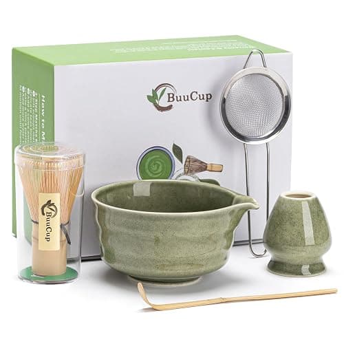 Buucup Matcha Set, Matcha Bowl with Spout, Matcha Whisk and Holder, Bamboo matcha Scoop and Stainless Sifter - 5 Pcs Jade Green Matcha Set Kit for Matcha Lover - Image 1