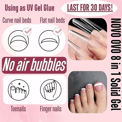 NOVO OVO Non-Sticky Solid Nail UV Gel Glue for Press on and Soft Gel x False Nail Tips 8 in 1, Strong & Long Lasting Nail Glue, Upgrade 3D Gel for Acrylic Sculpture & Decoration, UV Light Cured 30ml thumbnail 4