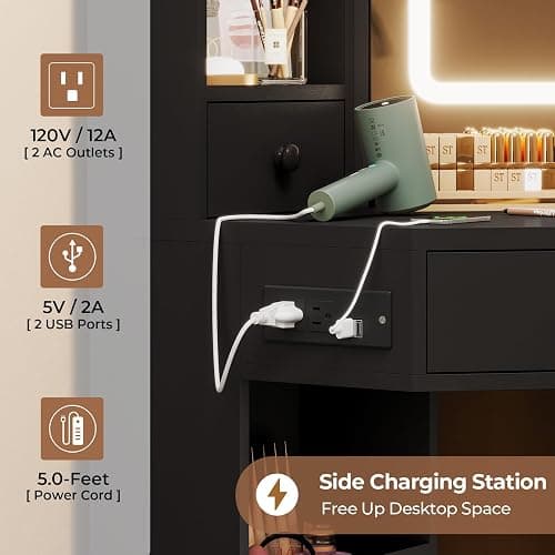 HAUOMS Vanity Desk with Mirror Lights, Storage Bench & Power Outlet, Corner Vanities with Rotating Cabinet & Drawers, 42.5" L Shaped Vanity Set, 3 Light Settings, for Women Girls, Modern Black thumbnail 4