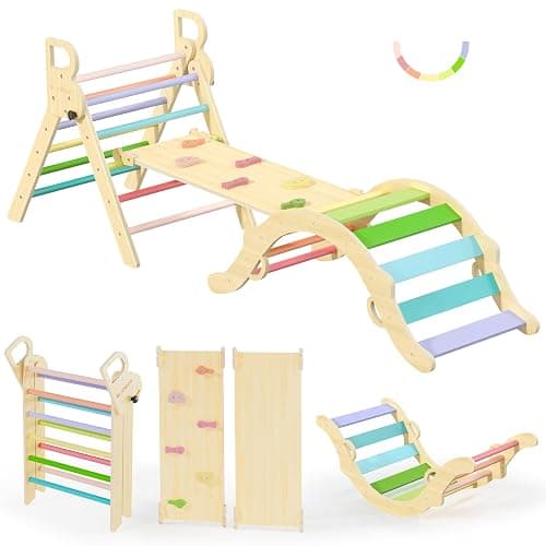 BlueWood Pikler Triangle Set, Toddler Wooden Climbing Toys Indoor 7in1 Foldable Climber for Kids, Montessori Philosophy Play Jungle Gym with Arch, Ramp, Ladder (Colorful Spring) - Image 1