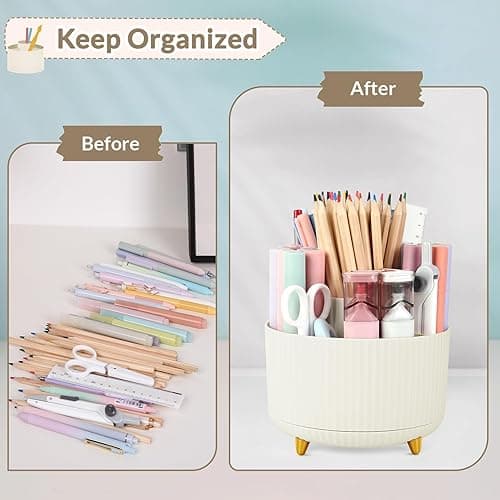 SKYDUE 360 Rotating Plastic Desk Pen Organizer with 5 Slots, Dual-Purpose Art Supply Pencil Cup for Office, School, Home - Beige thumbnail 5