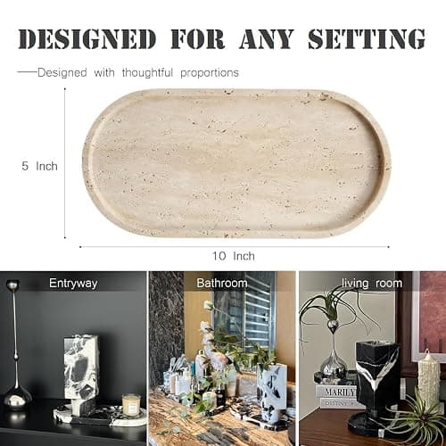 100% Natural Travertine Stone Tray for Perfume, Jewelry, Candle & Trinket Holder – Light Beige Stone Vanity Organizer for Bathroom, Coffee Table, or Living Room, 10"x5", Non-Resin/Ceramic thumbnail 2