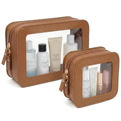 LETGO Clear Makeup Bag Organizer Set, Travel Toiletry Bag Cosmetic Case for Women, Portable Make up Skincare Pouch Car Organizer Bag with Zippers for Essentials (2Pack-Standard & Square, Brown) - Image 1