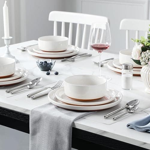 MALACASA Plates and Bowls Sets, 12 Pieces Modern Stoneware Dinnerware Set for 4 Kitchen Dinner Set Ceramic Dishware Dishes Set Microwave and Dishwasher Safe, White, Series TARA thumbnail 5