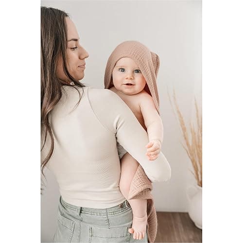 Konssy 2-Pack Muslin Hooded Baby Towels, 100% Cotton, Ultra-Soft & Absorbent Baby Bath Towels with Hood for Newborn & Infant (Camel, Sun,30" x 30") thumbnail 2