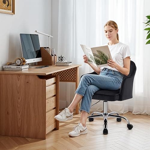 MOJAY Modern Vanity Chair with Wheels, Mid-Back Cutout Velvet Home Office Chair, Swivel Height-Adjustable Soft Seat Cute Desk Chair with Arm Support (Midnight Black) thumbnail 4
