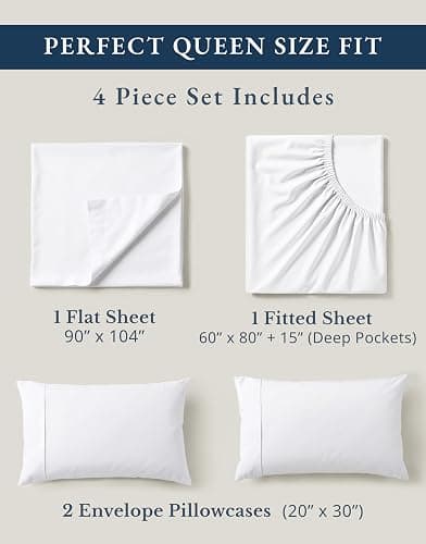 LANE LINEN Eco Friendly 100% Organic Cotton Queen Sheet Set, Soft & Comfy Fully Elasticized 15" Deep Pocket Bed Sheets, Low Pill Naturally Cooling Machine Wash Sábanas Queen- White Bed Sheets thumbnail 4