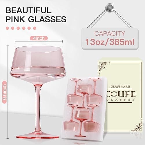 JOVGANK Pink Coupe Glasses Set of 6, Hand Blown Pink Martini Glasses 13Oz, Champagne & Cocktail Luxury Glasses, Bar Manhattan and New Year Martini Glass, Christmas gifts for Ice Cream Dessert thumbnail 2