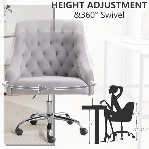 MOJAY Velvet Office Swivel Vanity Chair, Fabric Desk Pretty Fancy Gold Office Chair for Girls, 360°Swivel Height Adjustable Reception Chair (Grey) - Grey thumbnail 5