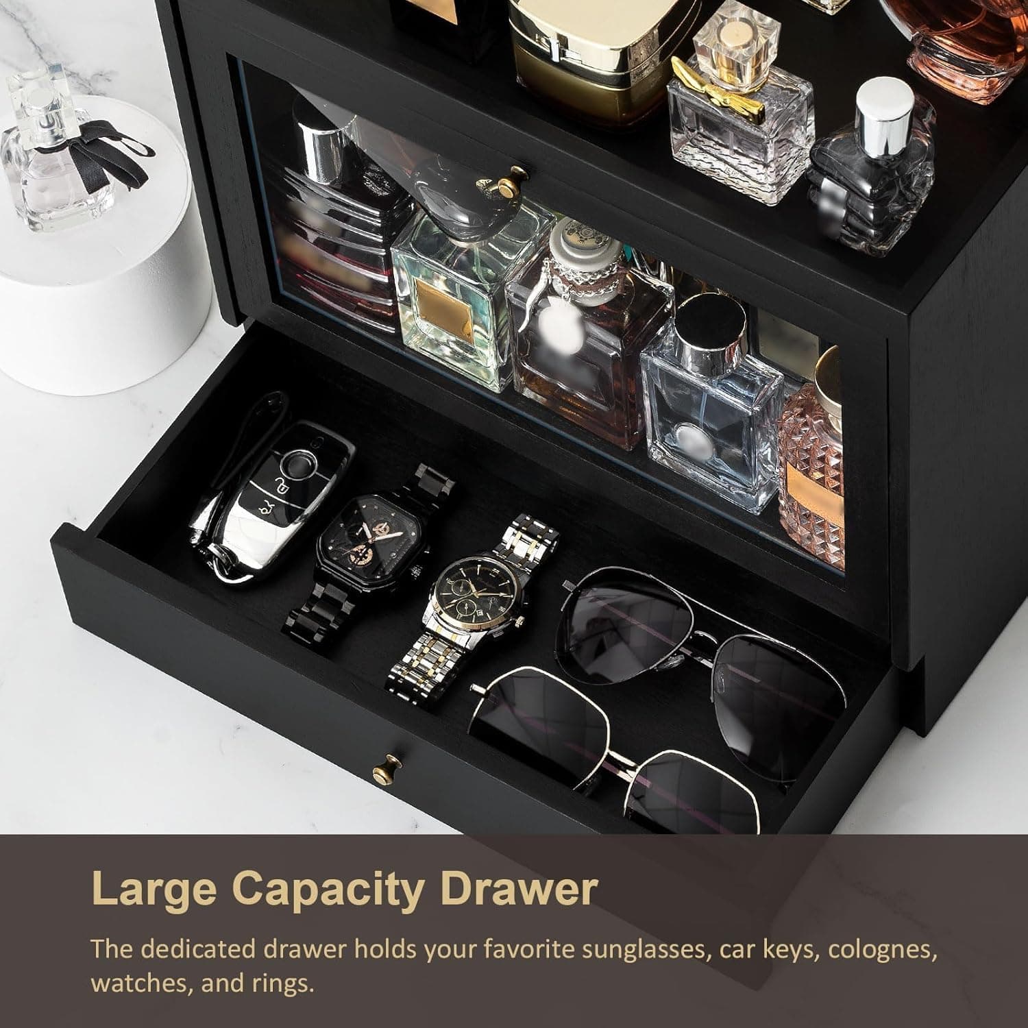 Cologne Organizer for Men, Large Capacity Dustproof Cologne Holder with Drawer, Solid Wood Perfumes Organizer for Men Dresser (Black) thumbnail 3