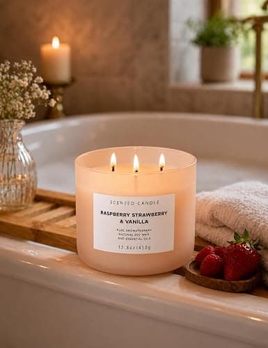 Raspberry Strawberry Vanilla 3-Wick Scented Soy Candle 15.8 oz | Large Sweet Berry Vanilla Scented Candle for Home | Relaxing Aromatherapy Candle | Strong Throw & Long Lasting thumbnail 4