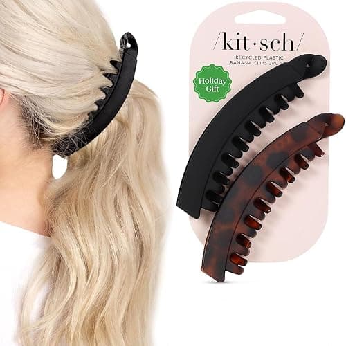 Kitsch Banana Clips For Women - Retro 80’s Style Hair Clips | Secure & Durable No Crease, Cute Claw Clips for Styling, Ponytails & Updos | Ideal Gifts for Women - Black & Tort Hair Accessories, 2pcs - Image 1