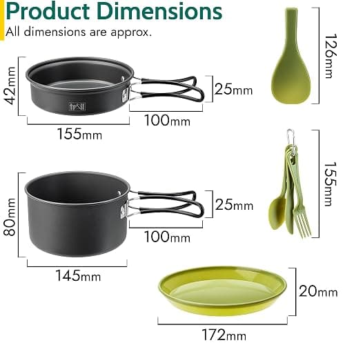 Trail Camping Cookware Set 11pc, 2 Person Outdoor Camp Cooking Kit, Non Stick Hard Anodised Aluminium, 1L Cook Pot, Frying Pan, Spatula, Plates, Cutlery Sets, Lightweight Portable Stackable with Bag thumbnail 7