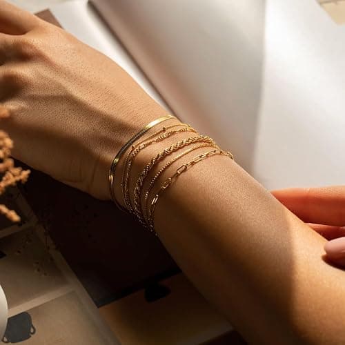 Florideco Gold Bracelets for Women Waterproof 14K Gold Plated Bracelet Stack Set Non Tarnish Trendy Thin Dainty Stackable Cuban Link Paperclip Chain Bracelet Pack Fashion Cute Jewelry Set thumbnail 2