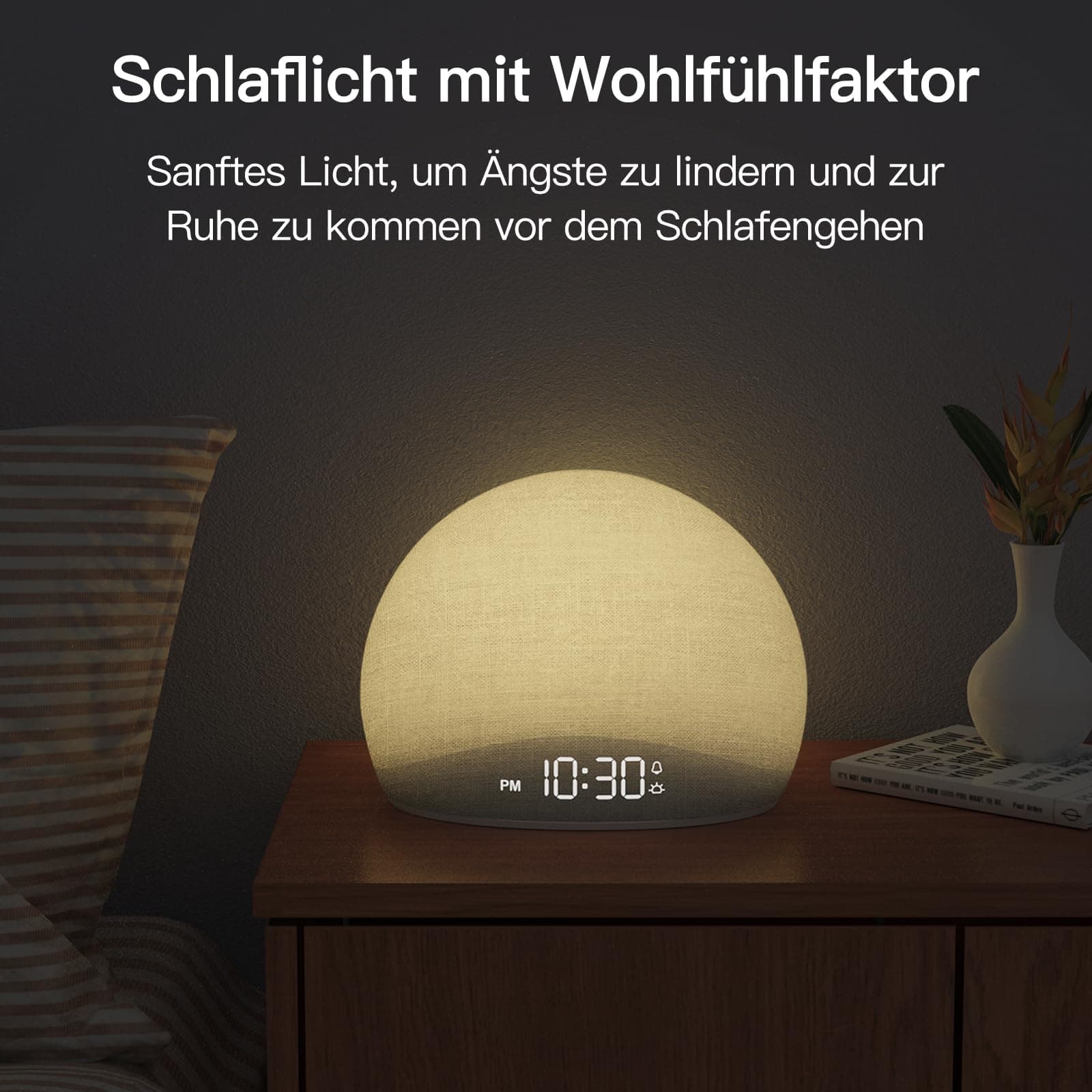 Zonsopgangwekker met witte ruis, weke-up-licht en geluidswekker voor slaapkamer, 20 rustgevende slaaphulpen, natuurlijke lichtwekfunctie, dimbaar display, zonder scherm thumbnail 5