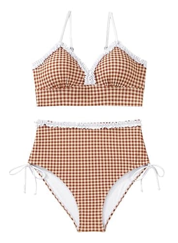 Herseas Women's Splice Ruffle Trim Bikini Sets Tie Side Swimsuits High Waisted Bathing Suits thumbnail 5