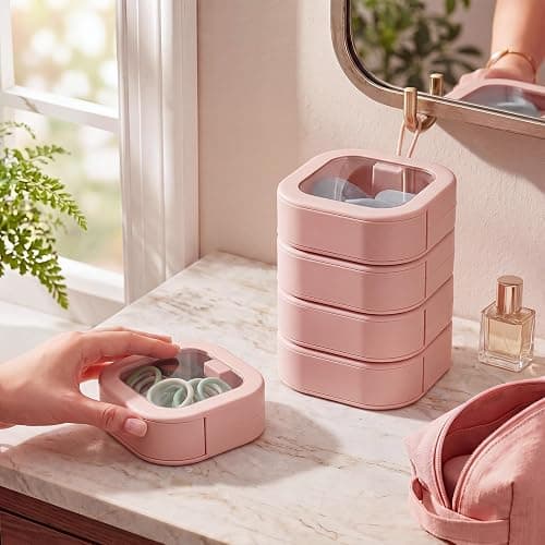 Kathfly 4 Pcs Hair Tie Organizer, Portable Hair Accessories Organizer Travel Case, Stackable Hairs Tie Holder & Bobby Pin Holder for Jewelry, Cotton Swabs, Clips and Accessories(Pink) thumbnail 7