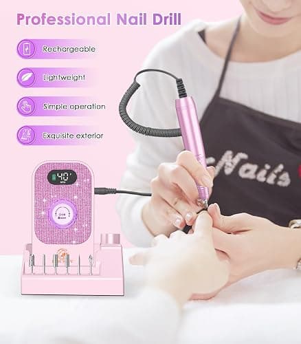 Portable Nail Drill Electric File: Professional Nail E File Machine 40000RPM Rechargeable Cordless Pink Diamond Nail Drill with Bits & Base for for Acrylic Nails Remove Gel Polish Manicure, Salon Home thumbnail 4