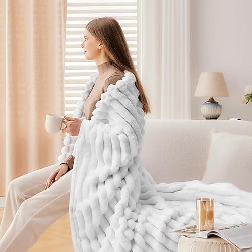 NEWCOSPLAY Super Soft Twin Blanket White Premium Silky Flannel Fleece 3D Ribbed Jacquard Lightweight Bed Blanket All Season Use (White Ribbed, Twin(60"x80")) - White Ribbed - Twin(60"x80") thumbnail 6