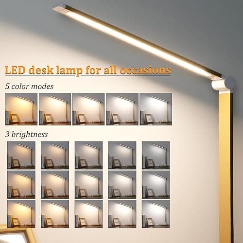 LED Desk Lamp with USB Ports,Touch Desk Lamps for Home Office with 5 Color Modes,3 Brightness Desk Light with Small Night Light,Reading Lamp Table Lamp for Bedroom Bedside Study Gold （with Adapter） thumbnail 2