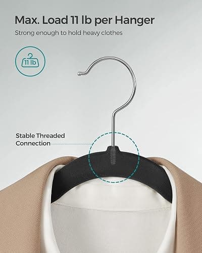 SONGMICS Velvet Hangers 50 Pack, Non-Slip Clothes Hangers, with Shoulder Notches, Pants Bar, 360° Swivel Hook, Space-Saving, for Closet, Ink Black UCRF029B05 thumbnail 6
