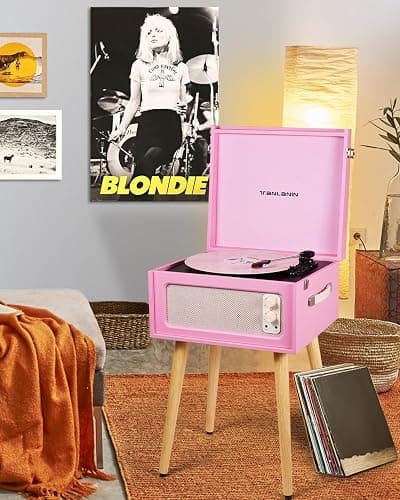 Vintage Standing Pink Vinyl Record Player with Detachable Legs, Built-in 4 Speakers, USB to PC Encoding, 33/45/78 RPM LP Player Bluetooth Retro Turntables Support Headphone Jack, RCA Out, AUX in thumbnail 7