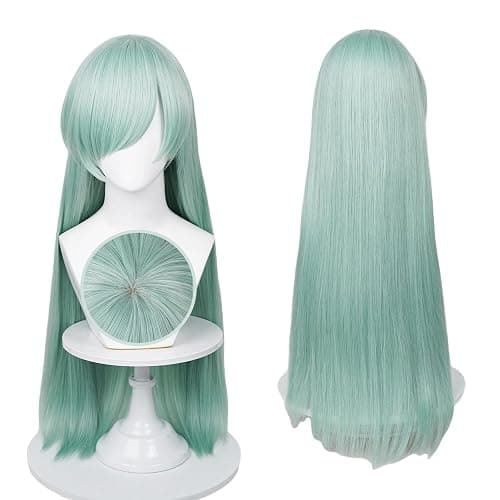 Probeauty Long Green Cosplay Wig Mint Anime Striaght Wigs + Hair Cap for Halloween Costume Party thumbnail 5