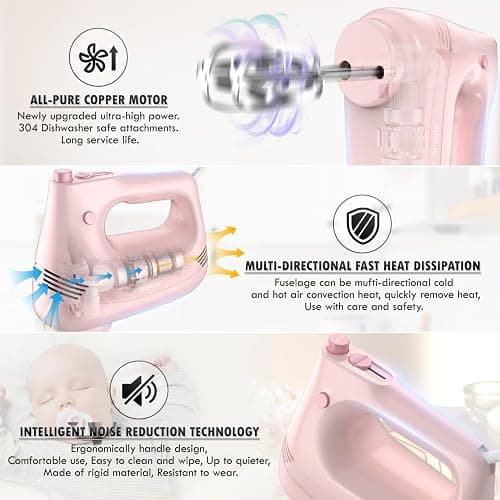 GUALIU Electric Hand Mixer with Stainless Steel Whisk, Dough Hook Attachment and Storage Bag, Handheld Mixer for Baking Cakes, Eggs, Cream Food Mixers. Turbo Boost /5 Speed Kitchen Blender PINK thumbnail 4