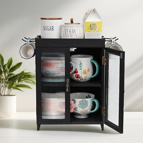 Ikee Design Wooden Countertop Storage Cabinet with Wavy Magnetic Door, Adjustable Shelves, Removable Hooks. Perfect for Perfume, Figurines, and Coffee Cups, Black Color, 10.4 W x 6.1 D x 14.4 H in thumbnail 2