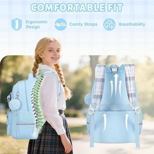 Tanou School Bag Girl Kids Backpack, Water-resistant Bookbag Teenager Daypack, Kawaii Checked Satchel for Girls 9-16 Years with Trolley Strap thumbnail 2