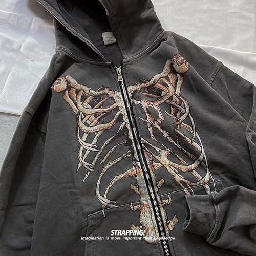 MLAFE Gothic Hooded Sweater Retro Bone Print Hooded sweatshirt Y2K zip-up jacket Grunge Hooded Sweater Harajuku upper garment thumbnail 5