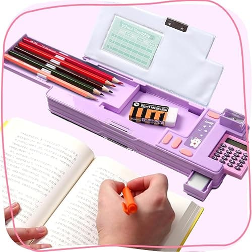 LilyBeauty Multifunction Pencil Case with Calculator, Pencil Sharpener and Curriculum, Multiple Cute Patterns, Suitable for Elementary School Girls, Boys, Great Gifts for Kids (Purple) thumbnail 2