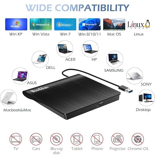 Rioddas External CD/DVD Drive for Laptop, USB 3.0 CD DVD Player Portable +/-RW Burner CD ROM Reader Writer Disk Duplicator Compatible with Laptop Desktop PC Windows Apple Mac Pro MacBook Linux thumbnail 4