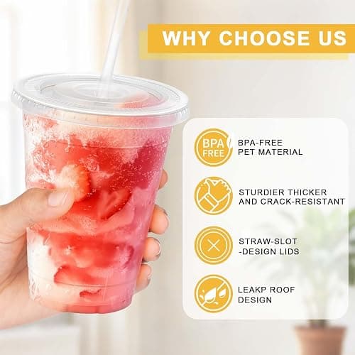 Clawsoff 100 Pack 16 oz Disposable Clear Plastic Cups with Lids and Straws | Cold Drinking Coffee Cups, Sturdy To Go Cups, Leak Proof, Food Safe, Thickened Durable, for Iced Coffee, Cold Beverage thumbnail 4