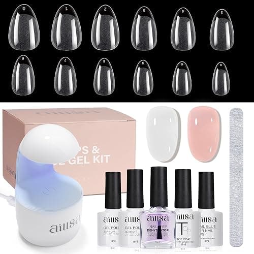 AILLSA Nail Extension Kit Short Almond Nail Tips 240pcs for Starters | 2 In 1 Nail Glue Base Coat and Nail Dehydrator, Nail Extension Kit with Nail Lamp Top Coat for Starters - Image 1