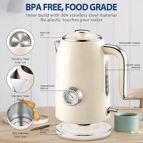 PUKOMC Electric Kettle, 1.7L Stainless Steel Tea Kettle with Temperature Gauge, 1500W Water Boiler with LED Light, BPA-Free, Auto Shut-Off and Boil-Dry Protection (Beige) Visit the Pukomc Store thumbnail 3