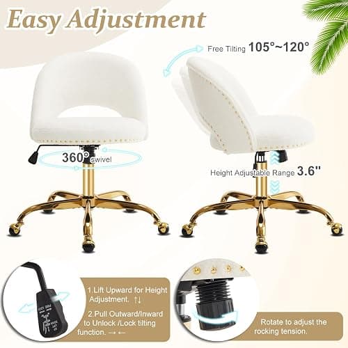 VINGLI Modern Teddy Fluffy Small Office Chair,Cute Desk Chair with Wheels,Gold Base/Studs, Comfy Armless Swivel Vanity Task Chair for Women/Girl/Kids, Nail Tech Chair for Bedroom,Small Space,White thumbnail 5