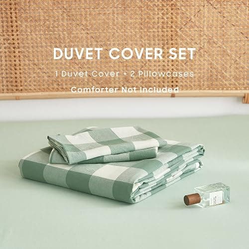 Wake In Cloud - Gingham Cotton Duvet Cover Set, Plaid Buffalo Check Checkered Farmhouse, 100% Washed Cotton Textured Percale Bedding Set, 3 Pieces, Green White, Full Size thumbnail 2