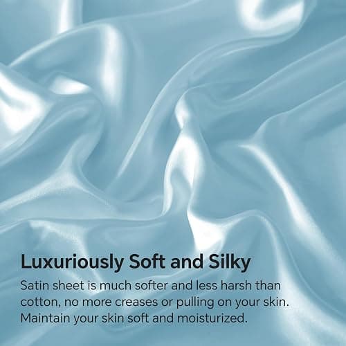 BEDELITE Satin Fitted Sheet and Pillowcase Set, Luxury Soft Similar to Silk Bottom Bedsheet with Elastic Corner Straps, Deep Pocket up to 15 Inch, 1 Fitted Sheet and 1 Pillowcase(Twin, Light Blue) thumbnail 3
